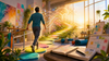A hopeful stroke recovery scene with a survivor moving toward a colorful path of progress and neural light patterns